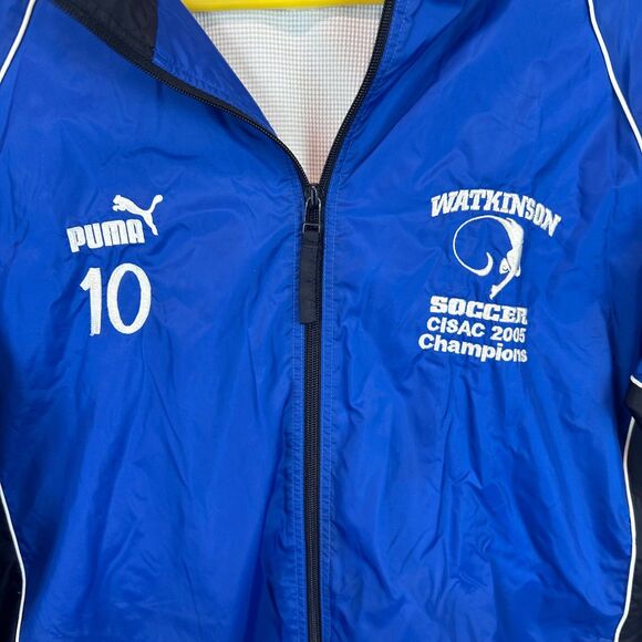 Puma Windbreaker Jacket Men's Large Blue Black Hooded Soccer CISAC 2008 Champion - Picture 2 of 6